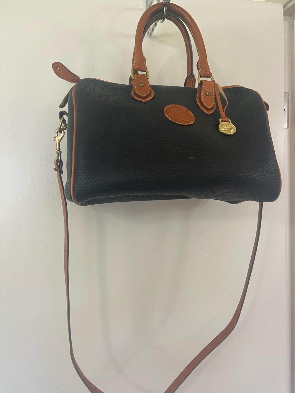 Dooney & Bourke Navy Leather Satchel with Tan Handles and Shoulder Strap